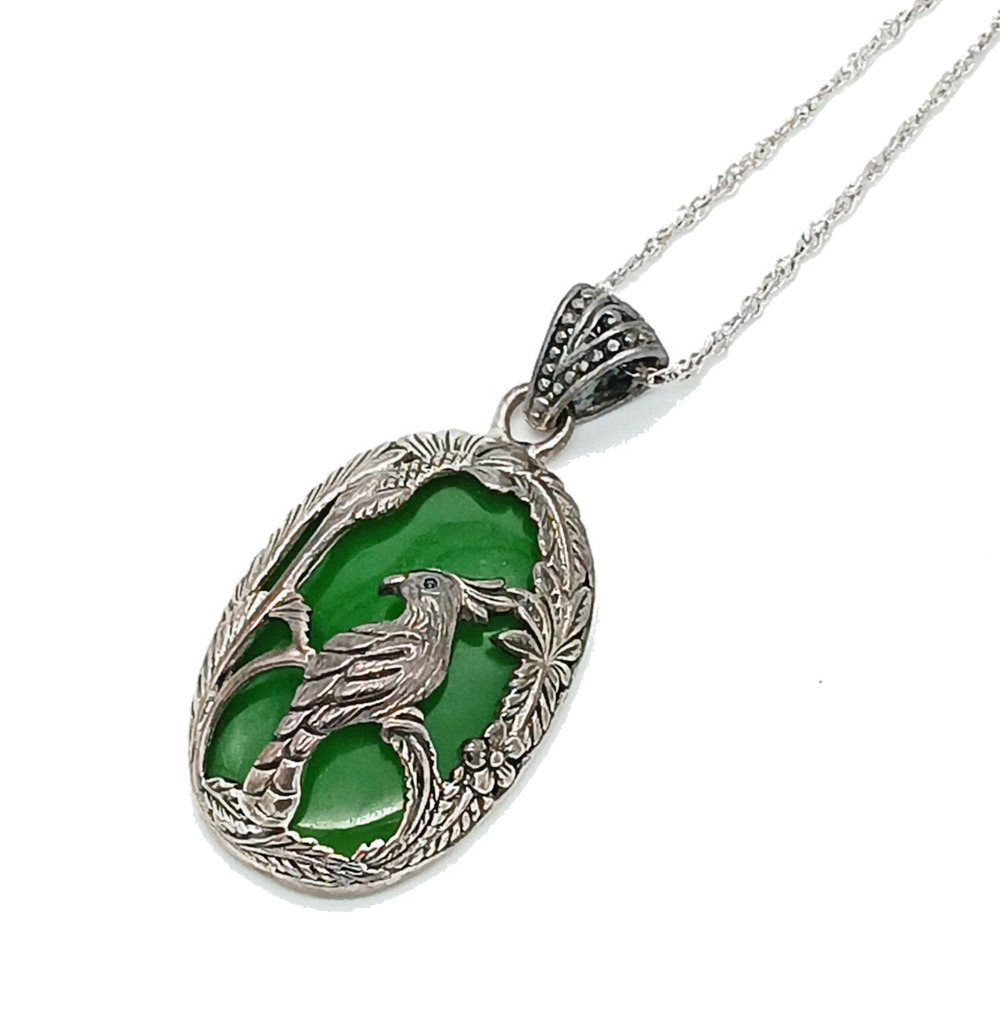 Natural Green Jade Pendant Necklace Bali Style Kokatu Bird in Sterling Silver